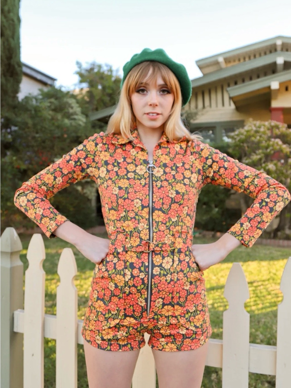 Miracle Eye Floral Zip-Front Romper in Orange & Yellow